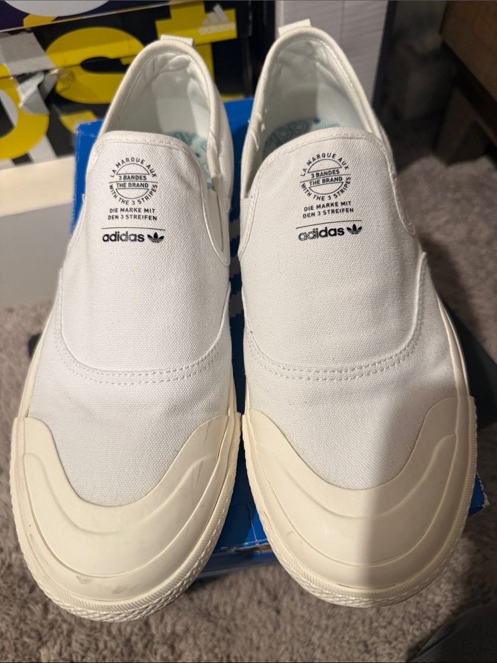 adidas White Canvas Slip-On Sneakers with Cream Toe Cap